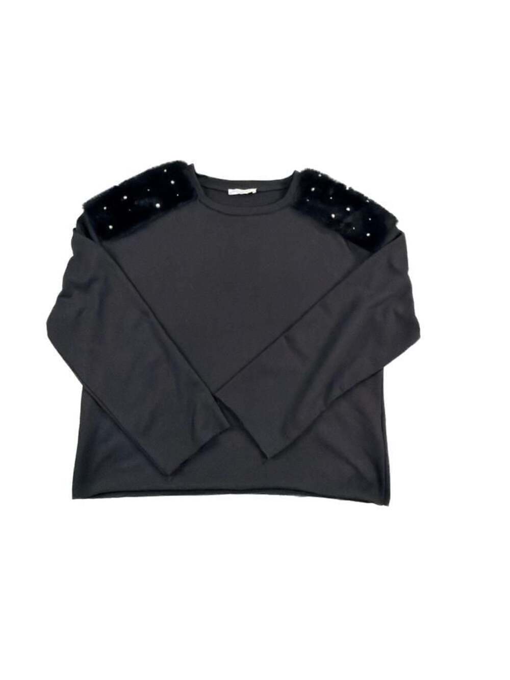 Zara Trafaluc Black Faux Fur Pearl Embellished Shoulder Sweatshirt Size L